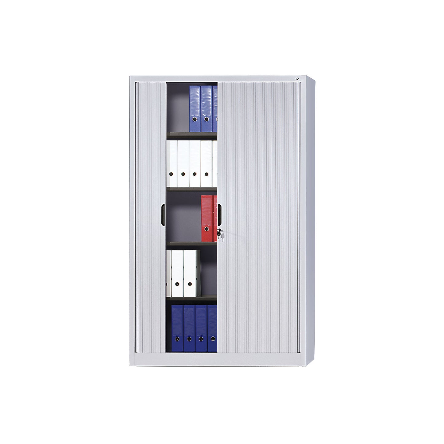 Roller shutter cupboard with horizontal shutter, HxWxD 1980 x 1200 x 420 mm, 4 shelves, 5 file heights, white aluminium.