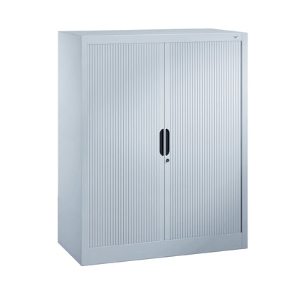 Roller shutter cupboard with horizontal shutter, HxWxD 1230 x 1000 x 420 mm, 2 shelves, 3 file heights, light grey.