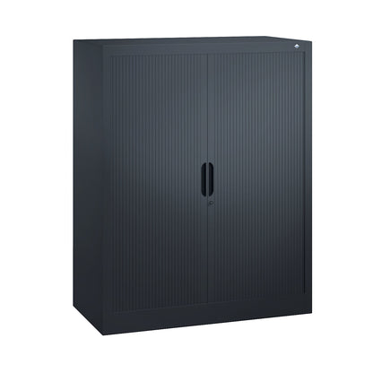 Roller shutter cupboard with horizontal shutter, HxWxD 1230 x 1000 x 420 mm, 2 shelves, 3 file heights, black grey.