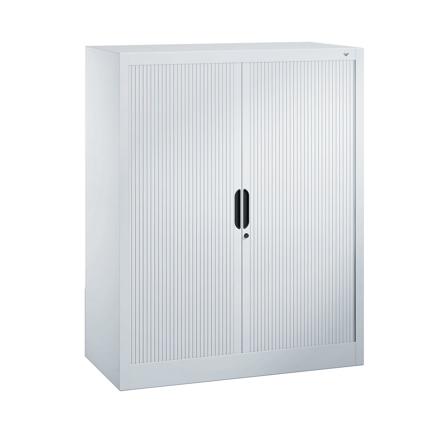 Roller shutter cupboard with horizontal shutter, HxWxD 1230 x 1000 x 420 mm, 2 shelves, 3 file heights, white aluminium.