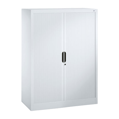 Roller shutter cupboard with horizontal shutter, HxWxD 1345 x 1000 x 420 mm, 3 shelves, 3.5 file heights, white aluminium.