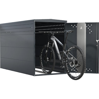 Bicycle locker, standard unit with 1 gabled roof, blue / grey.
