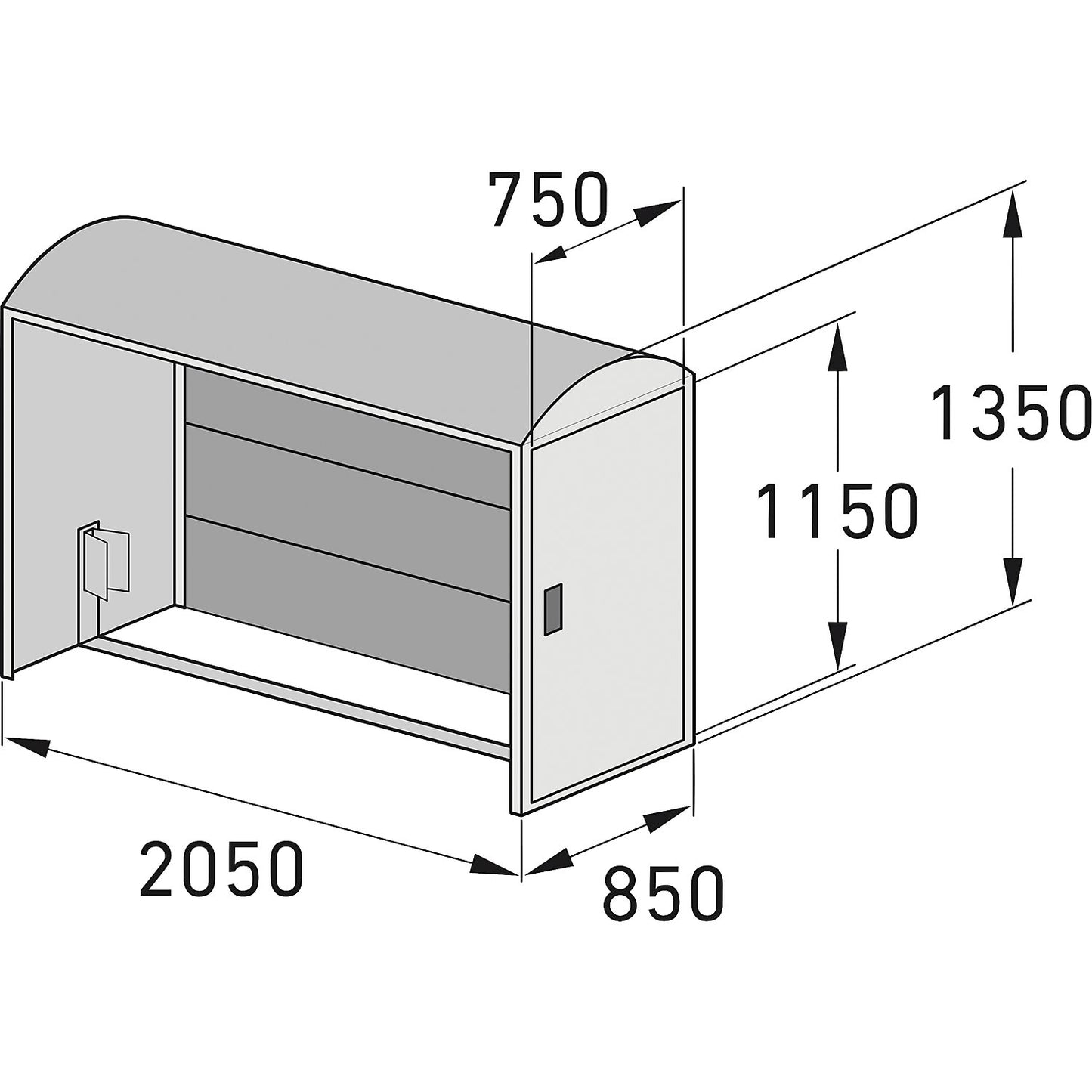 Bicycle locker, extension unit with arched roof, with side wall.
