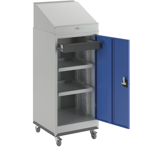 Mobile workstation, comprised of a tool cupboard, pedestal desk and wheeled base, gentian blue door.