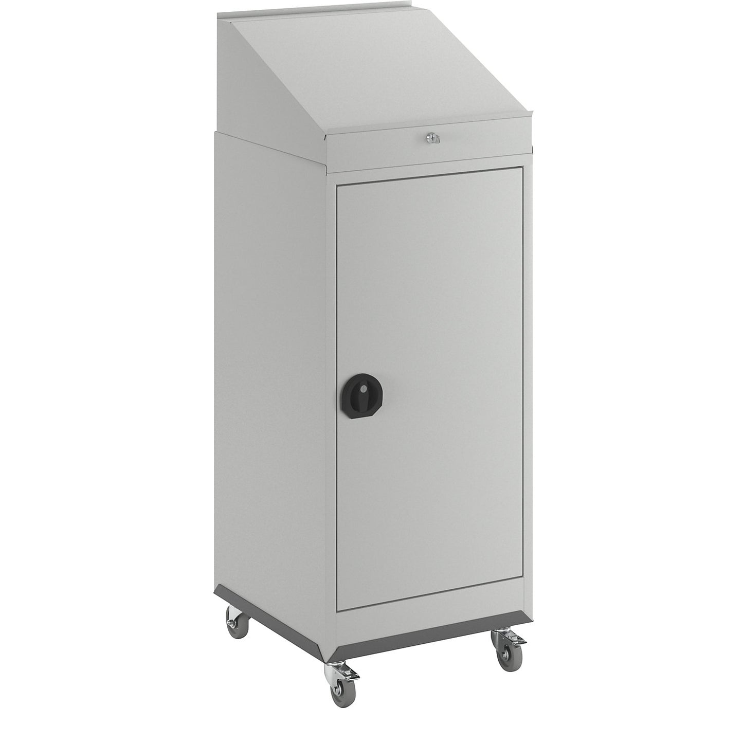 Mobile workstation, comprised of a tool cupboard, pedestal desk and wheeled base, light grey door.