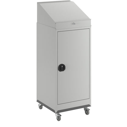 Mobile workstation, comprised of a tool cupboard, pedestal desk and wheeled base, light grey door.