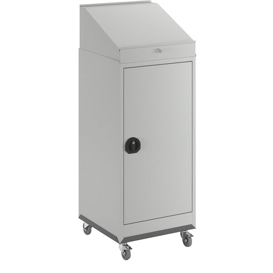 Mobile workstation, comprised of a tool cupboard, pedestal desk and wheeled base, light grey door.