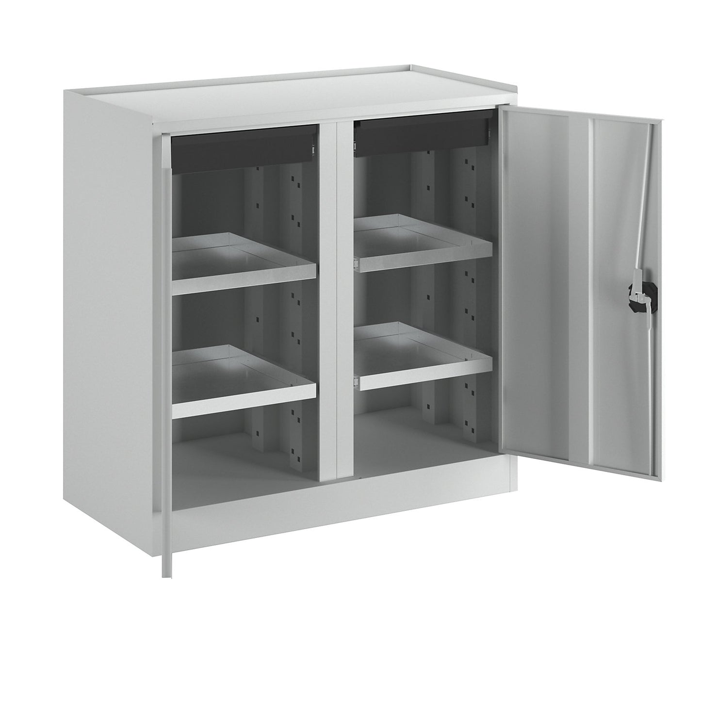 Tool and side cupboard, 2 drawers, 4 shelves, 1 centre partition, light grey doors.