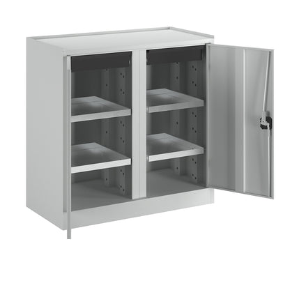 Tool and side cupboard, 2 drawers, 4 shelves, 1 centre partition, light grey doors.