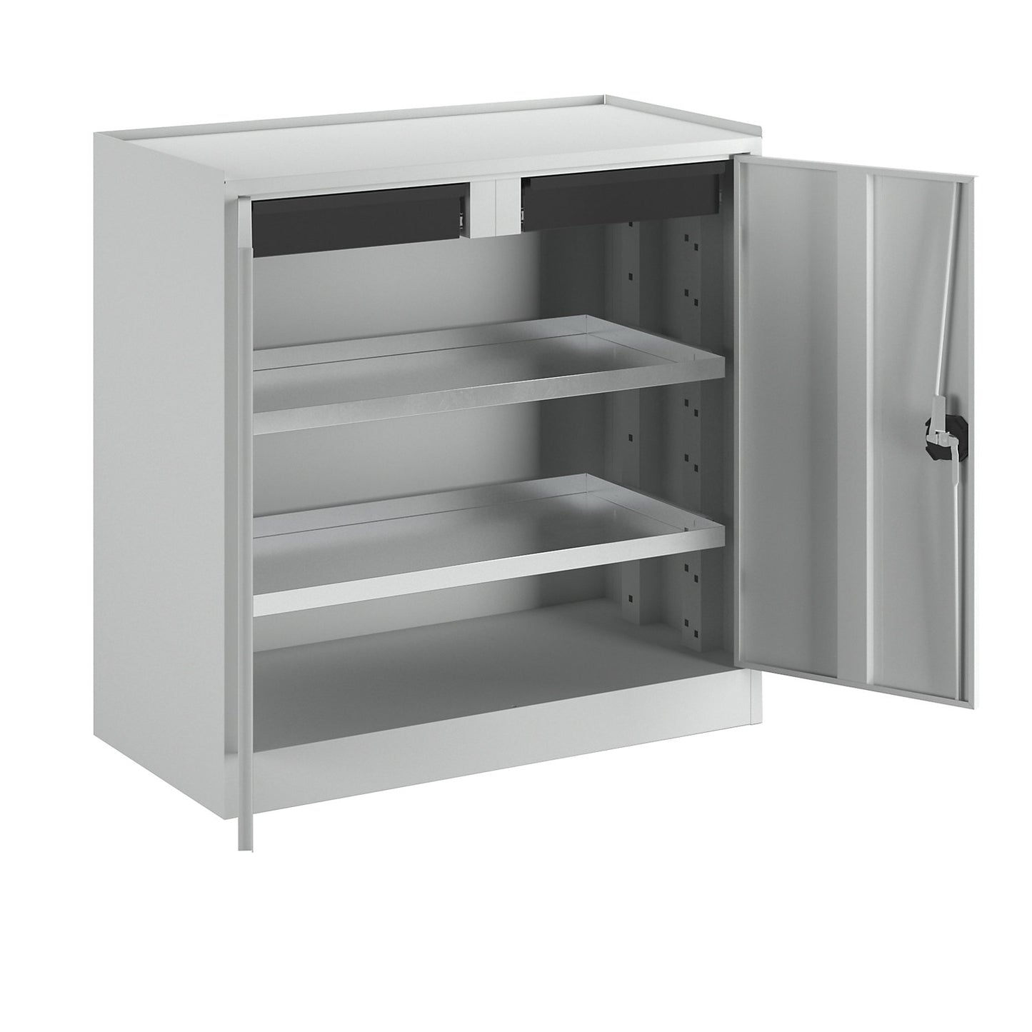 Tool and side cupboard, 2 drawers, 2 full length shelves, light grey doors.