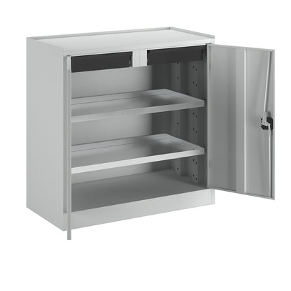 Tool and side cupboard, 2 drawers, 2 full length shelves, light grey doors.