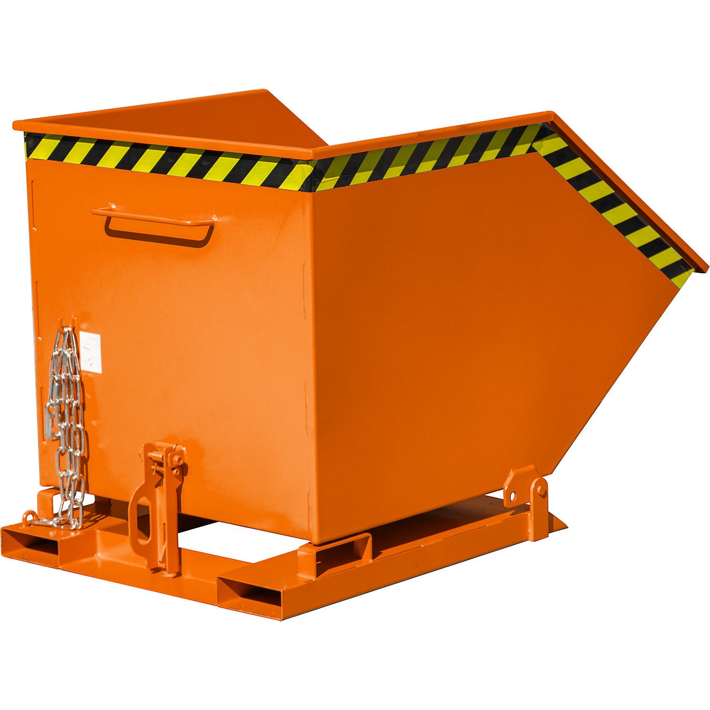Tilting skip with tilting mechanism, box-shaped, capacity 0.6 m³, orange RAL 2000.
