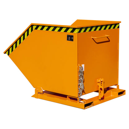 Tilting skip with tilting mechanism, box-shaped, capacity 0.8 m³, orange RAL 2000.