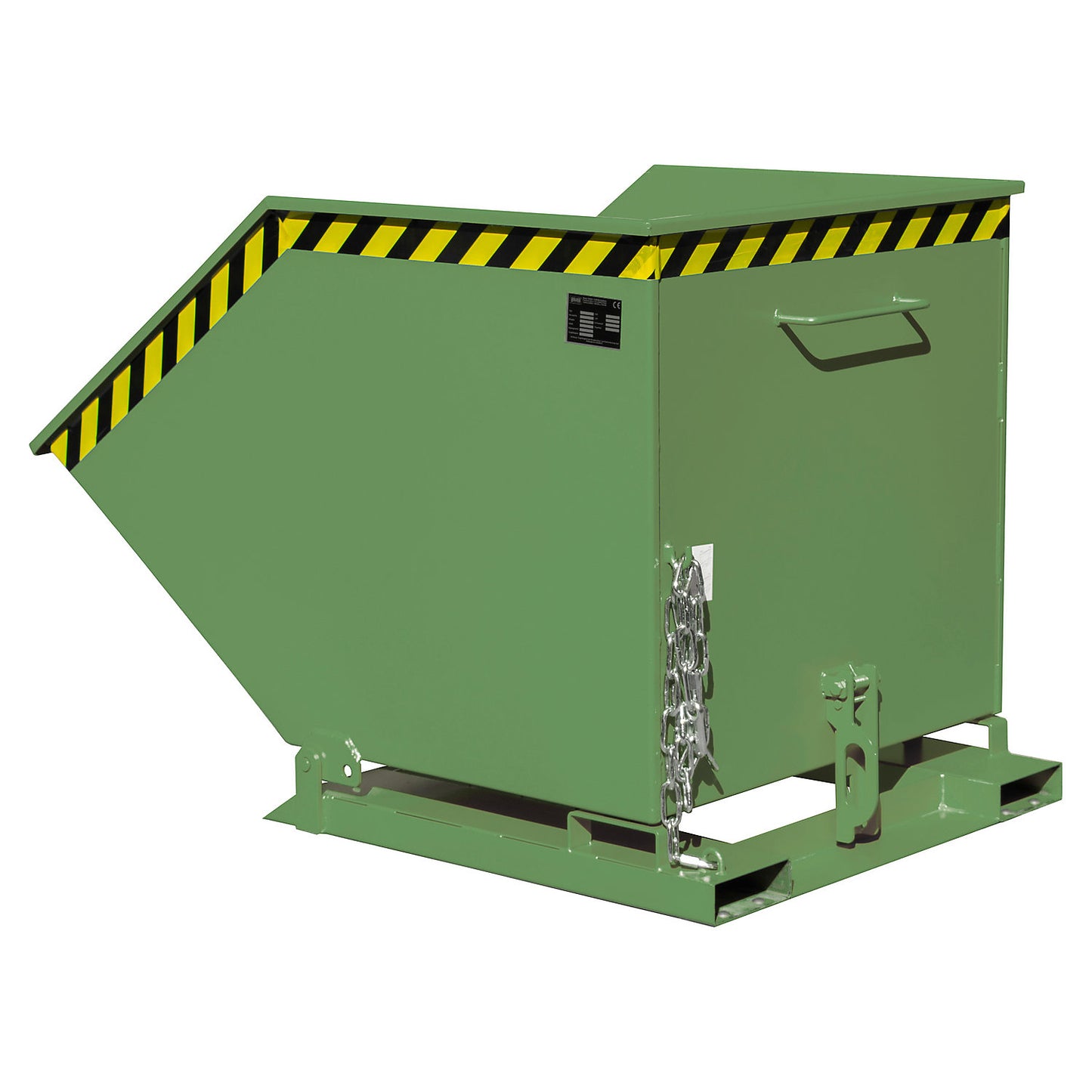 Tilting skip with tilting mechanism, box-shaped, capacity 0.8 m³, green RAL 6011.