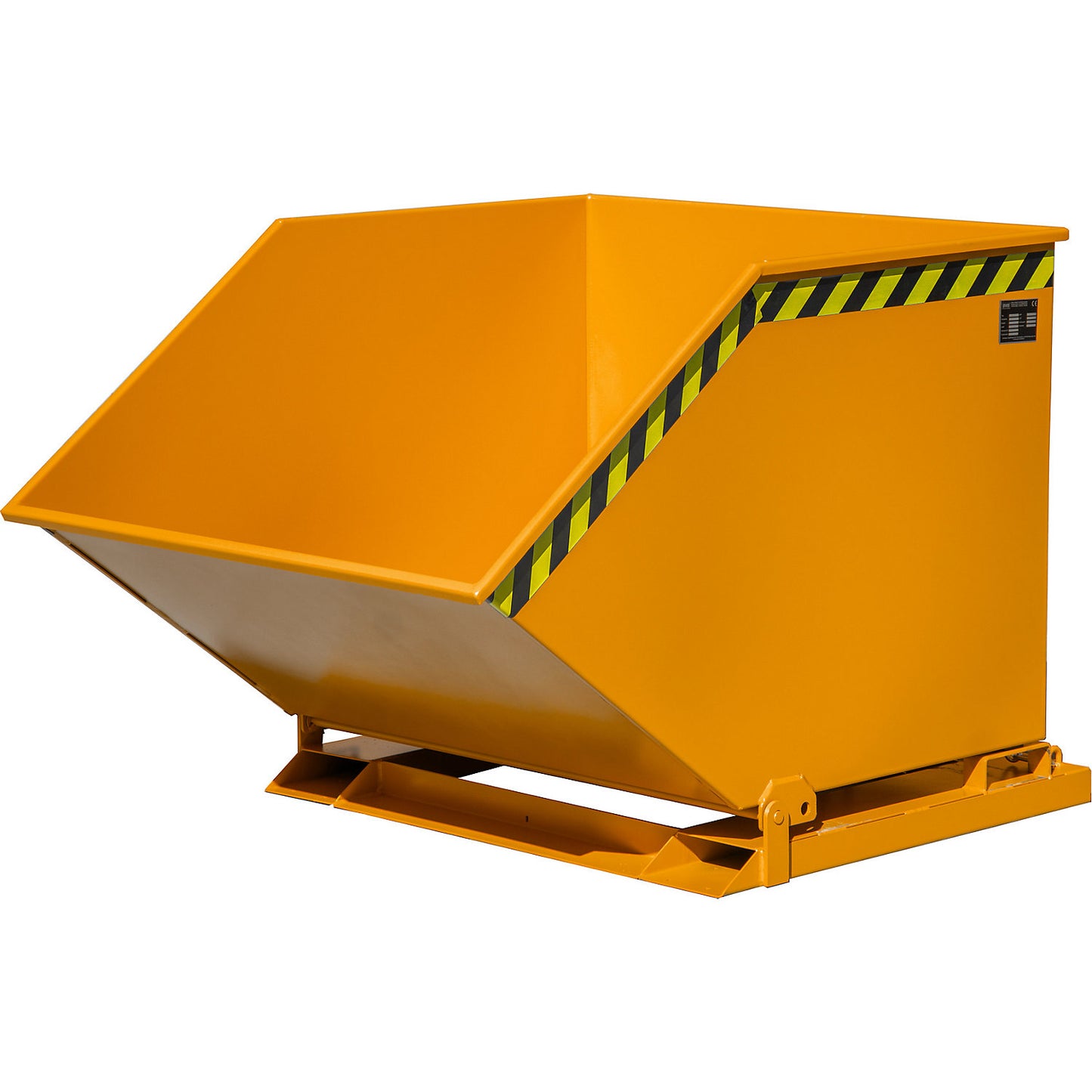 Tilting skip with tilting mechanism, box-shaped, capacity 1 m³, orange RAL 2000.