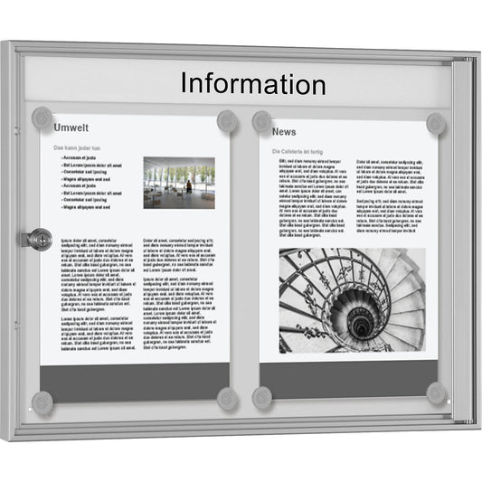 Display case for indoor use, for 2 x 1 A4 format, silver anodised frame.