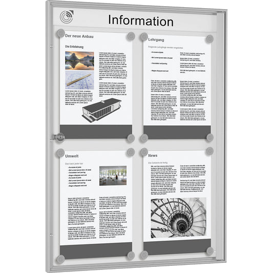 Display case for indoor use, for 2 x 2 A4 format, silver anodised frame.