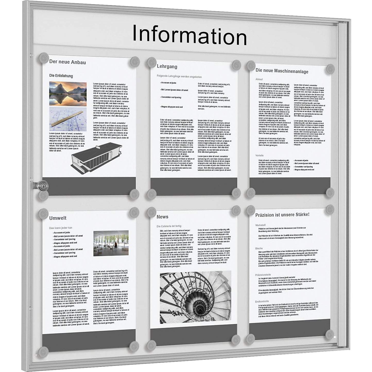 Display case for indoor use, for 3 x 2 A4 format, silver anodised frame.