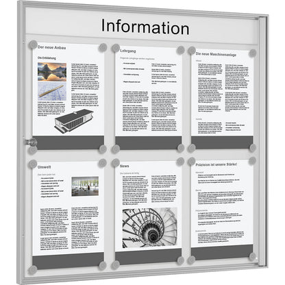 Display case for indoor use, for 3 x 2 A4 format, silver anodised frame.