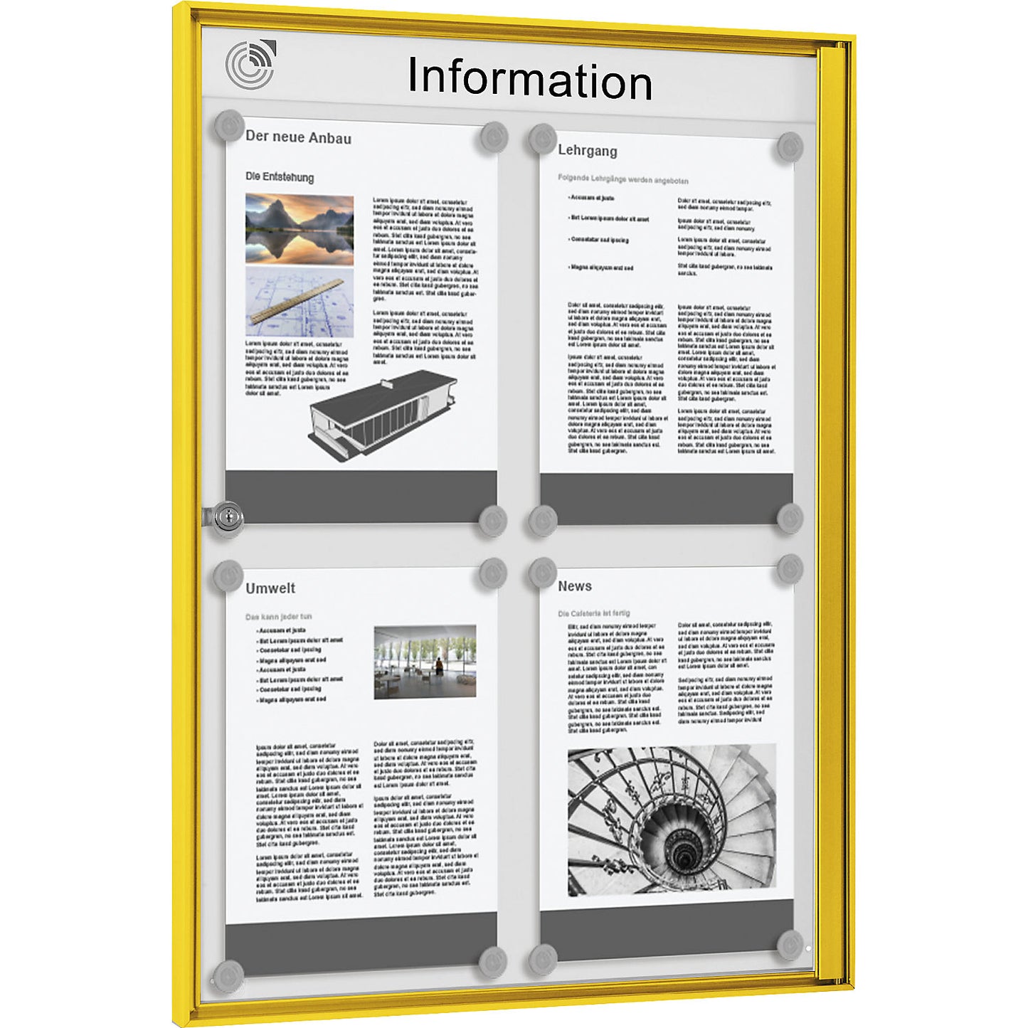 Display case for indoor use, for 2 x 2 A4 format, yellow frame.