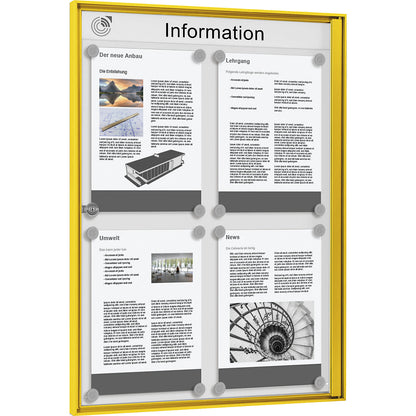 Display case for indoor use, for 2 x 2 A4 format, yellow frame.