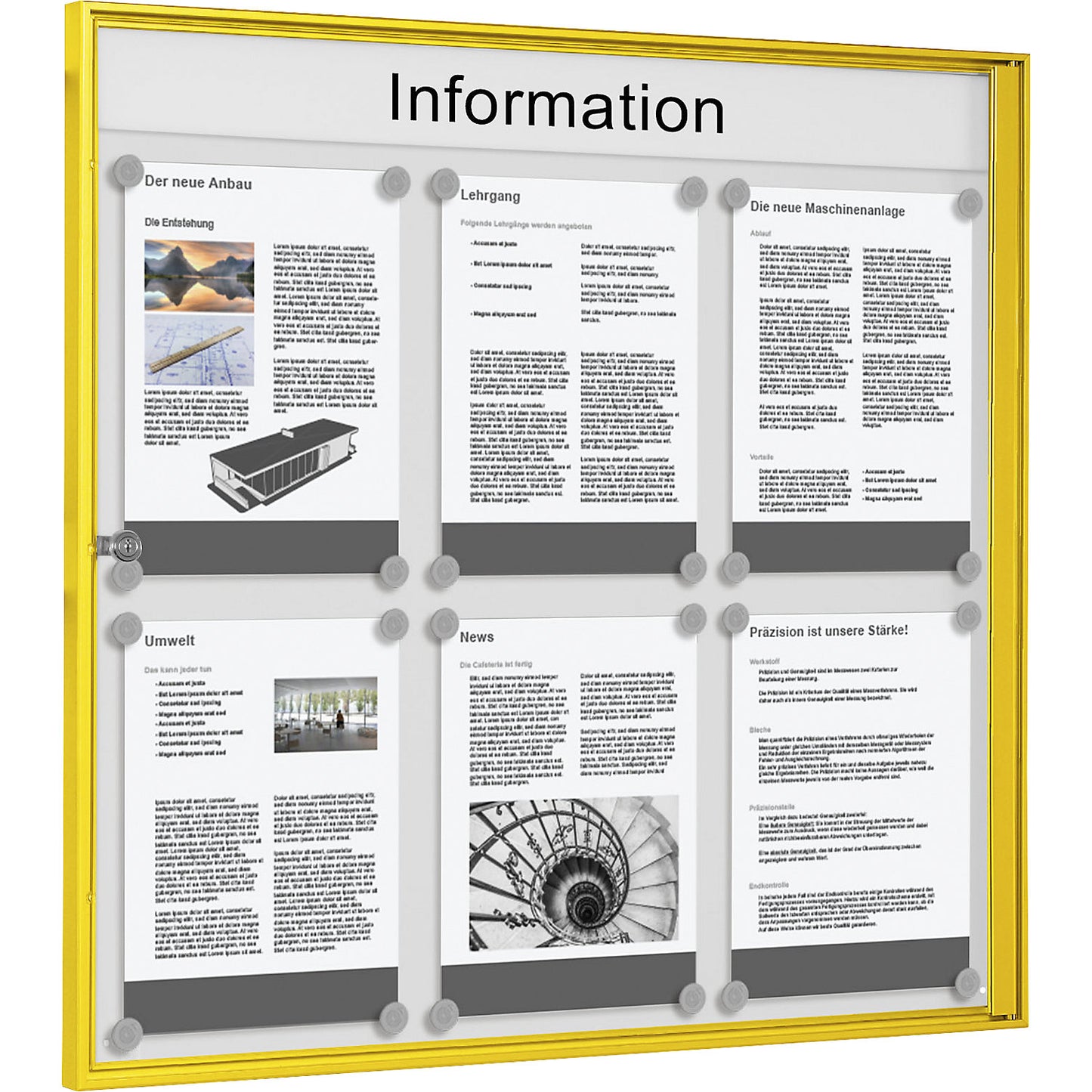 Display case for indoor use, for 3 x 2 A4 format, yellow frame.