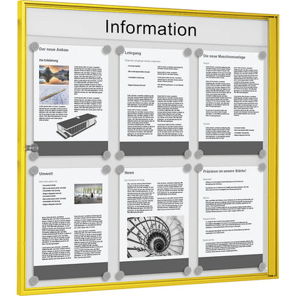 Display case for indoor use, for 3 x 2 A4 format, yellow frame.