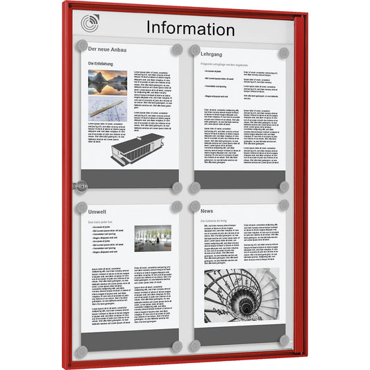 Display case for indoor use, for 2 x 2 A4 format, red frame.