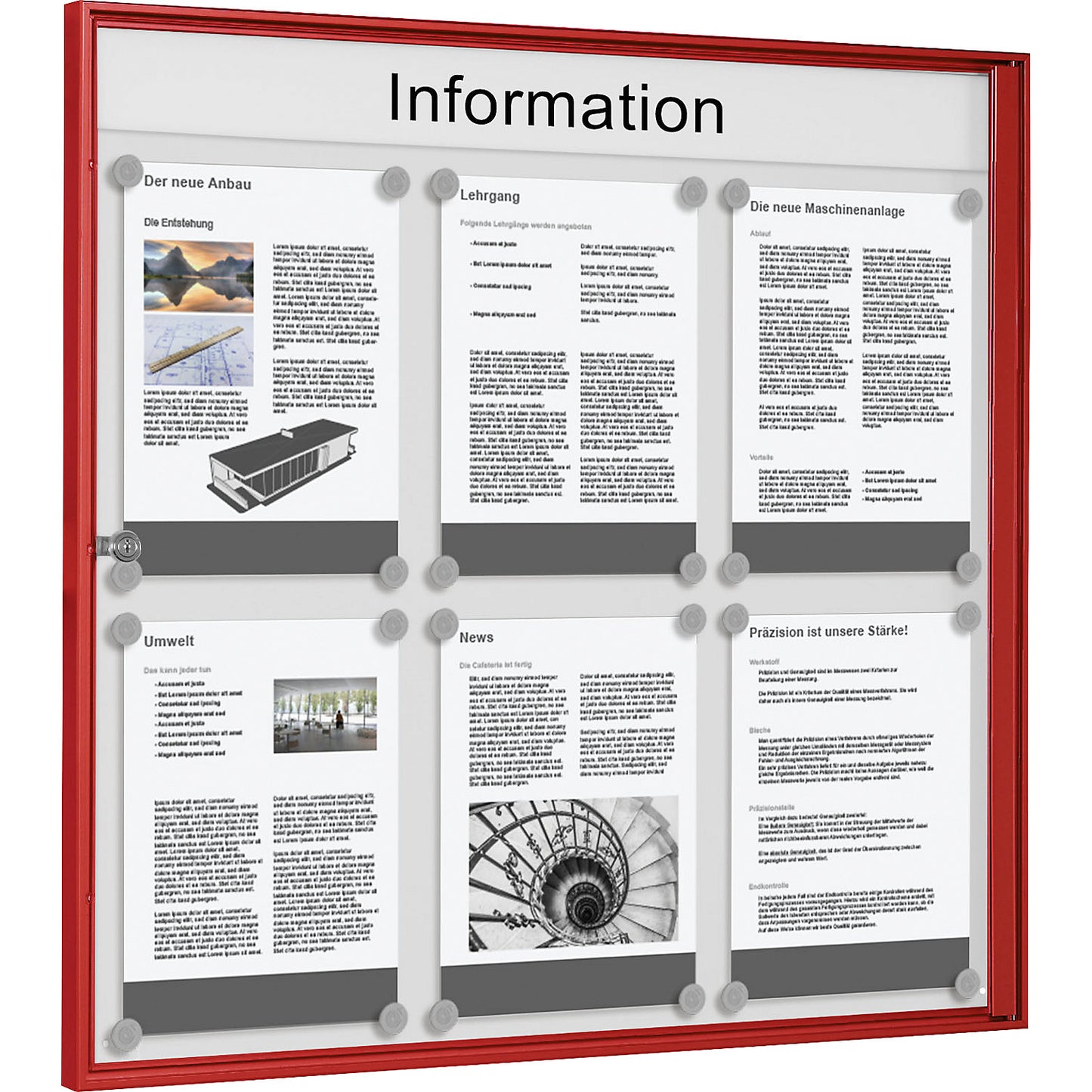 Display case for indoor use, for 3 x 2 A4 format, red frame.