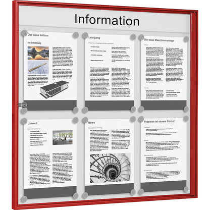Display case for indoor use, for 3 x 2 A4 format, red frame.