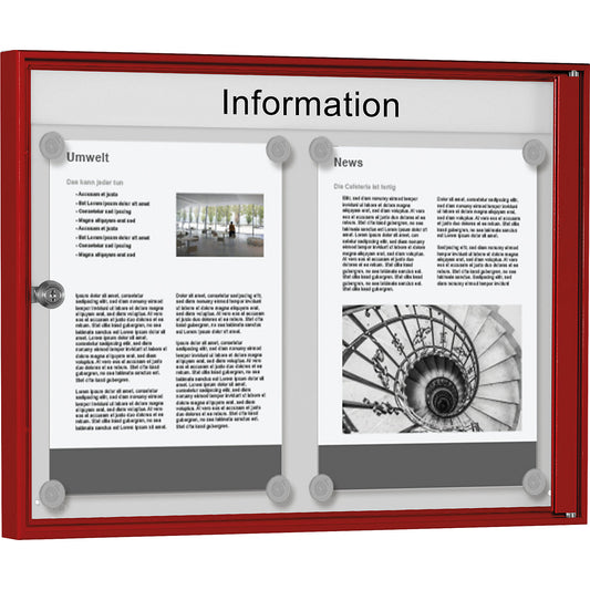 Display case for indoor use, for 2 x 1 A4 format, red frame.