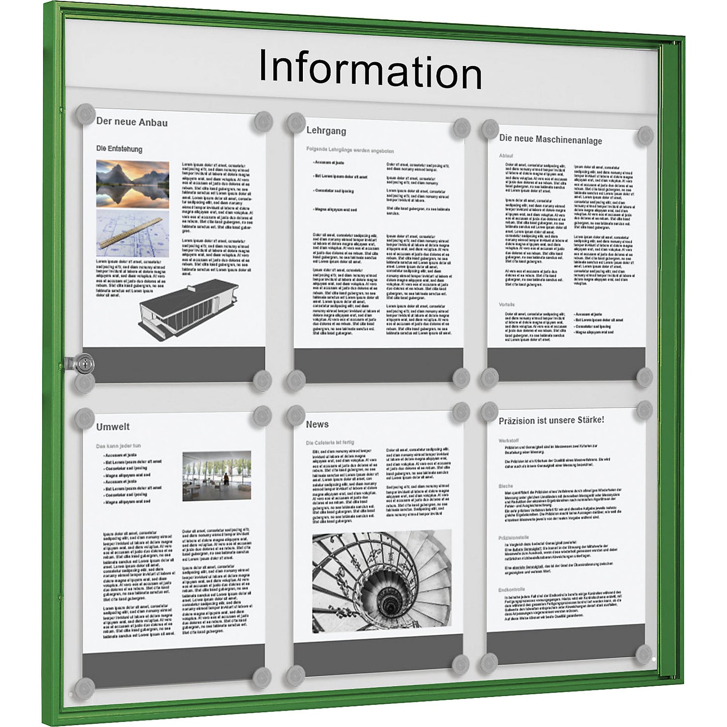 Display case for indoor use, for 3 x 2 A4 format, green frame.