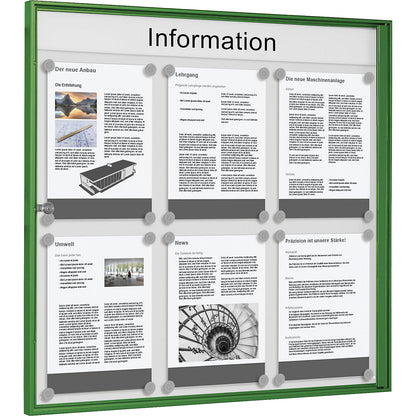 Display case for indoor use, for 3 x 2 A4 format, green frame.