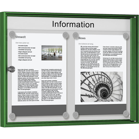 Display case for indoor use, for 2 x 1 A4 format, green frame.