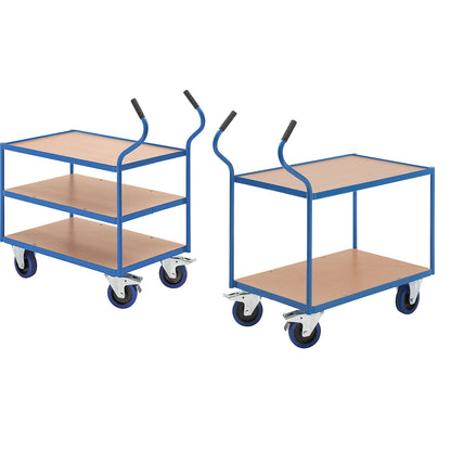 Industrial table trolley, fully elastic tyres, non-marking, shelf heights 235 / 765 mm.