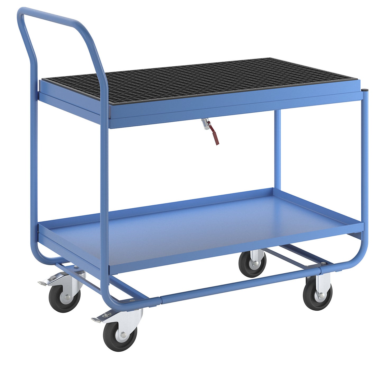 Table trolley, with sump tray, grate and drain tap, light blue.