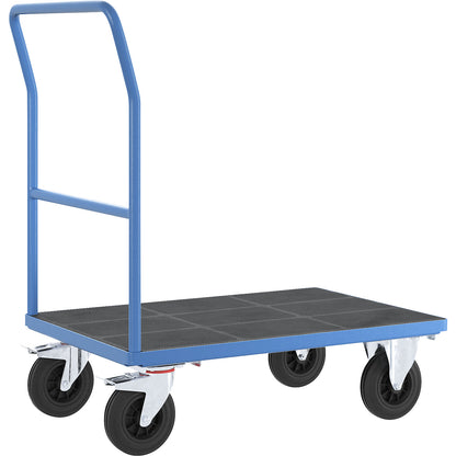 Platform truck with mesh panels, tubular push handle, solid rubber tyres, LxW 1050 x 700 mm, light blue.
