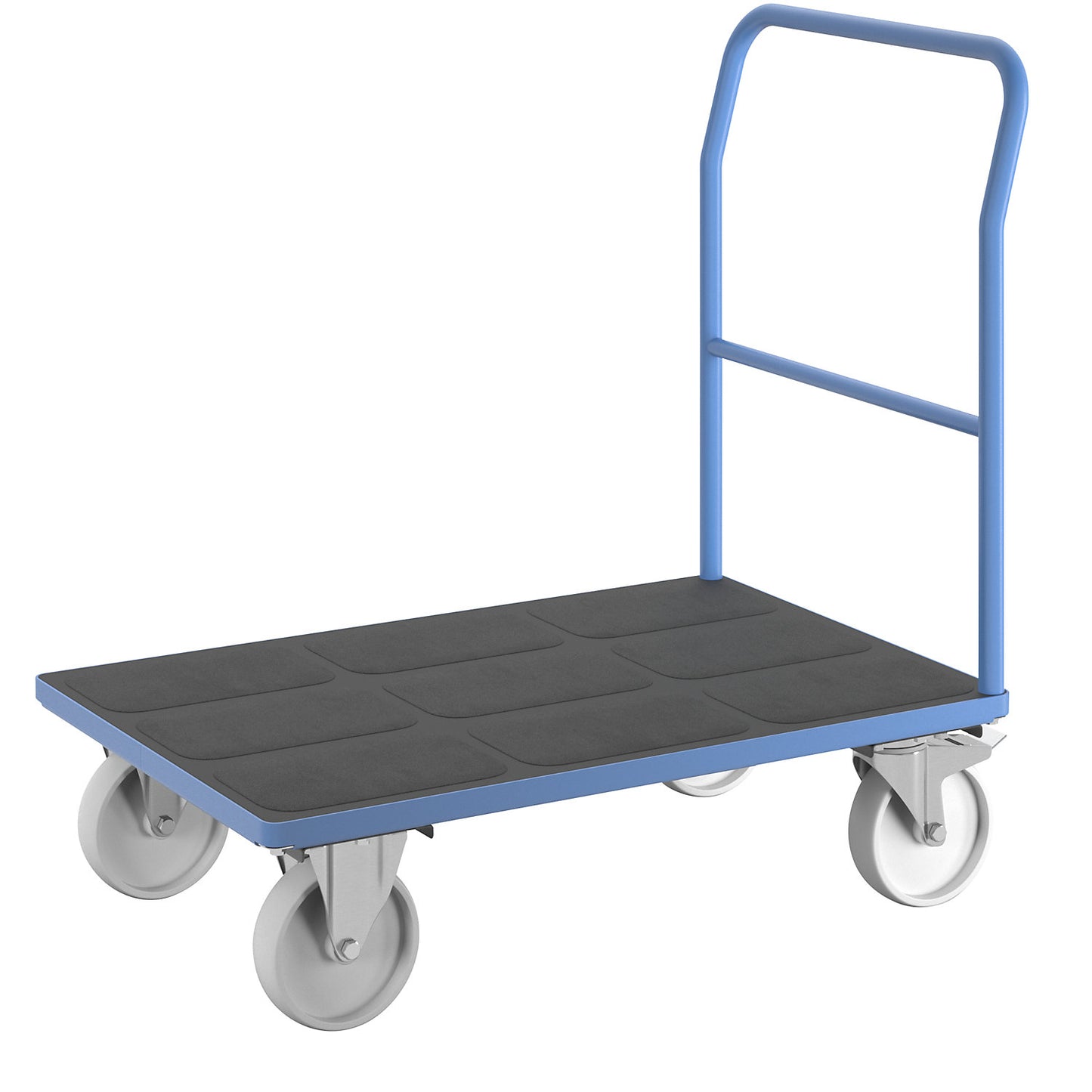Platform truck with mesh panels, tubular push handle, nylon tyres, LxW 1050 x 700 mm, light blue.
