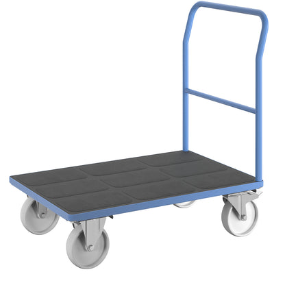 Platform truck with mesh panels, tubular push handle, nylon tyres, LxW 1050 x 700 mm, light blue.