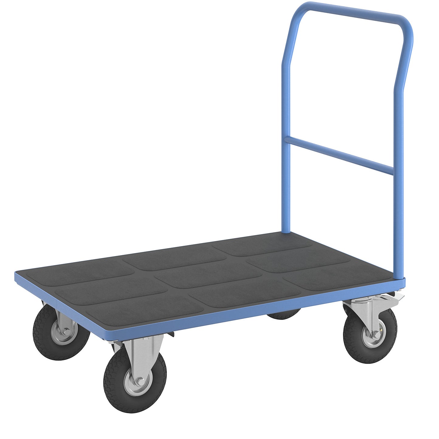 Platform truck with mesh panels, tubular push handle, pneumatic tyres, LxW 1050 x 700 mm, light blue.