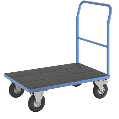 Platform truck with mesh panels, tubular push handle, pneumatic tyres, LxW 1050 x 700 mm, light blue.