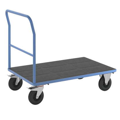 Platform truck with mesh panels, tubular push handle, solid rubber tyres, LxW 1250 x 800 mm, light blue.