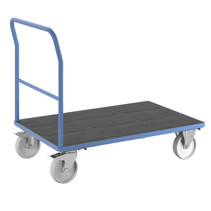 Platform truck with mesh panels, tubular push handle, nylon tyres, LxW 1250 x 800 mm, light blue.