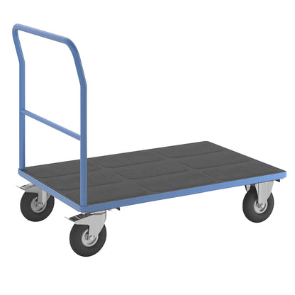Platform truck with mesh panels, tubular push handle, pneumatic tyres, LxW 1250 x 800 mm, light blue.