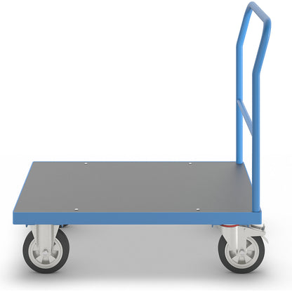 Platform truck with mesh panels, tubular push handle, fully elastic tyres, LxW 1050 x 700 mm, light blue.