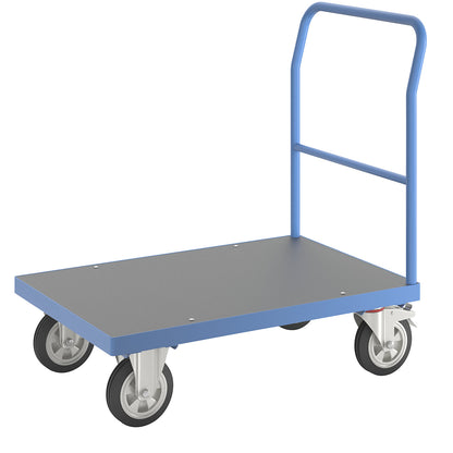 Platform truck with mesh panels, tubular push handle, fully elastic tyres, LxW 1050 x 700 mm, light blue.