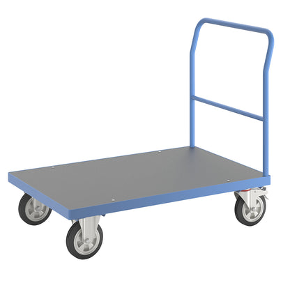 Platform truck with mesh panels, tubular push handle, fully elastic tyres, LxW 1250 x 800 mm, light blue.