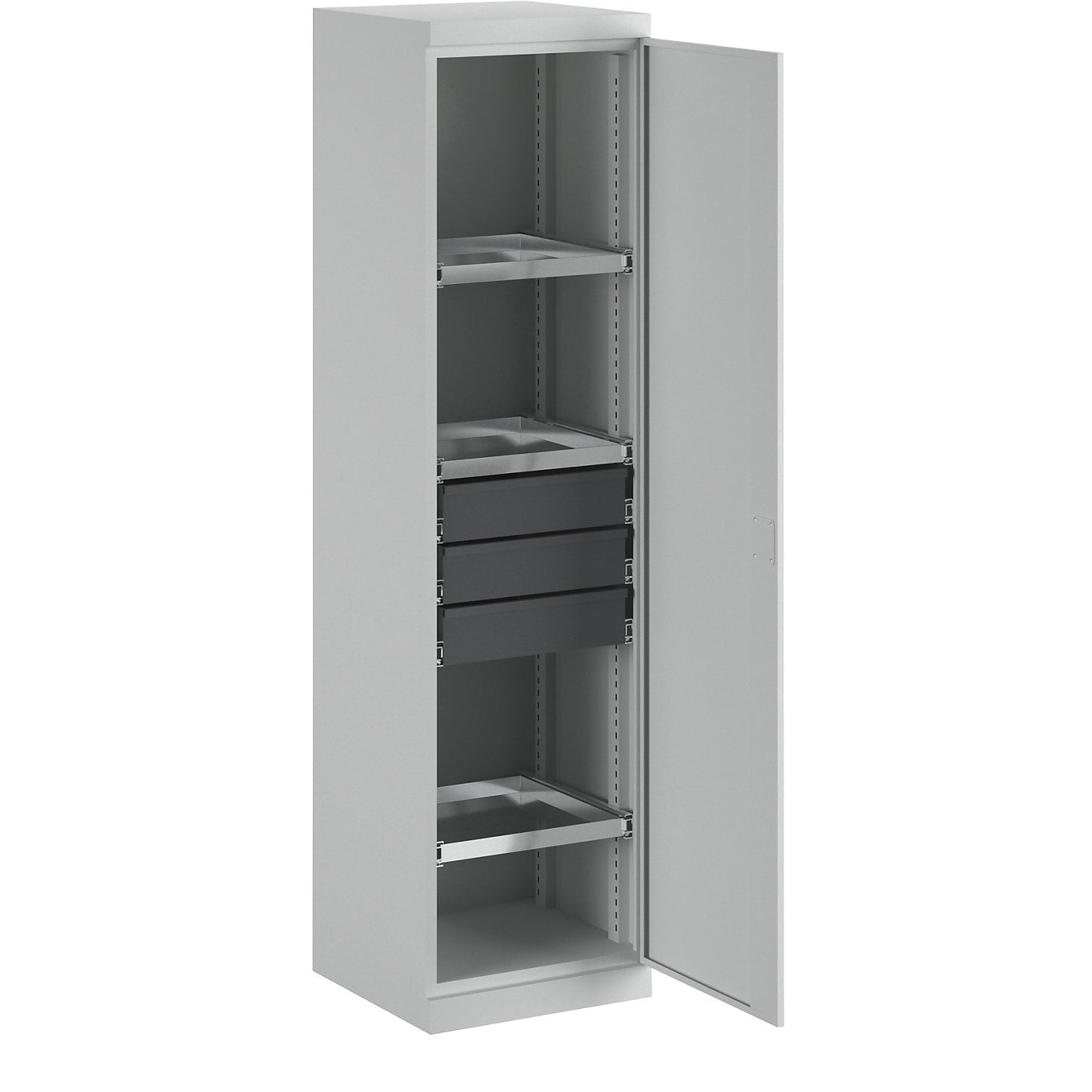 Storage cupboard, width 500 mm, 3 pull-out shelves, 3 drawers, light grey door.