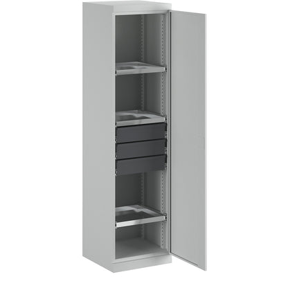 Storage cupboard, width 500 mm, 3 pull-out shelves, 3 drawers, light grey door.