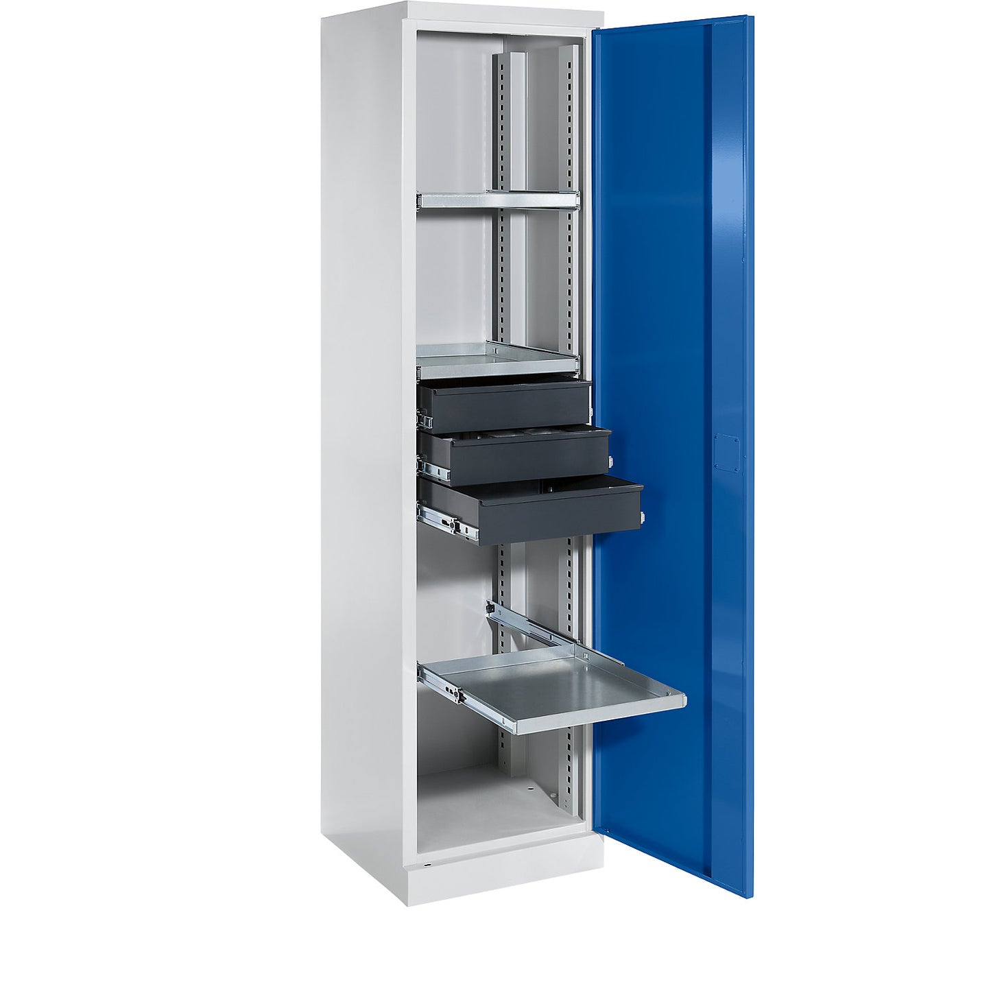 Storage cupboard, width 500 mm, 3 pull-out shelves, 3 drawers, gentian blue door.
